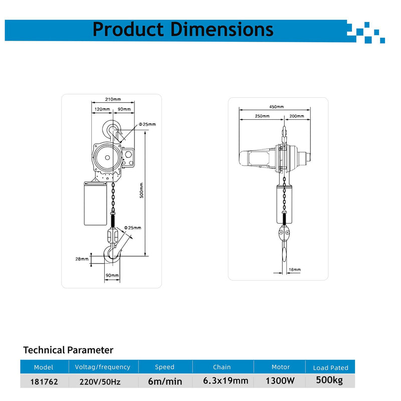 Electric Chain Hoist H5 3M Single 500KG